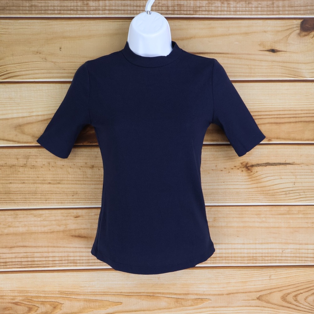 Forever 21 Ribbed Short Sleeve Shirt Womens Sz S Dark Blue Stretch Soft Comfort
